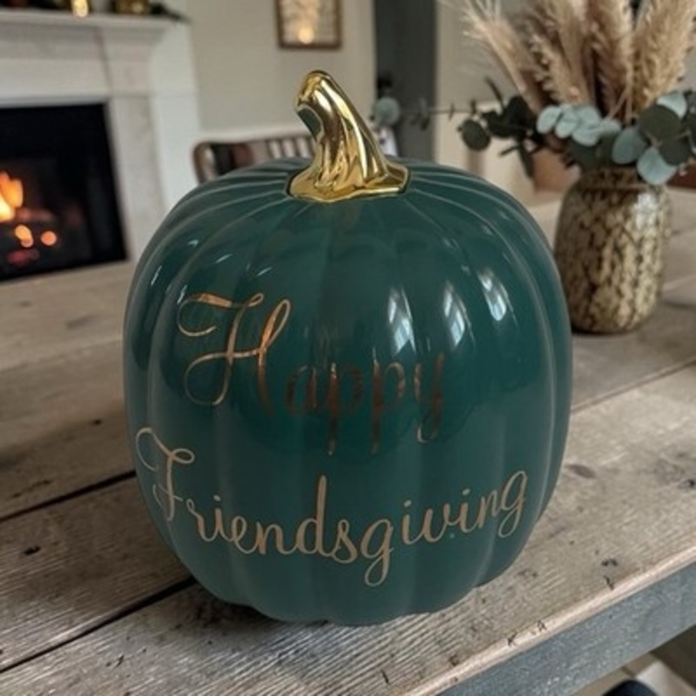 Happy Friendsgiving Ceramic Pumpkin Decor Green Gold 8x8.5 EXC Fall Thanksgiving - Picture 2 of 6
